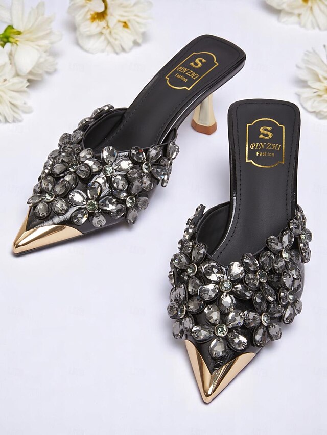 – Mules Women's Embellished Black Rhinestone Pointed-Toe