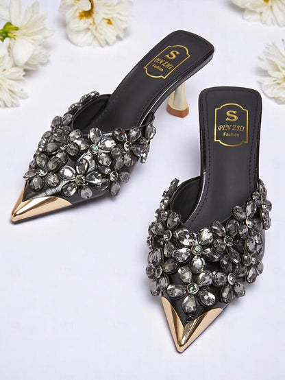 – Mules Women's Embellished Black Rhinestone Pointed-Toe