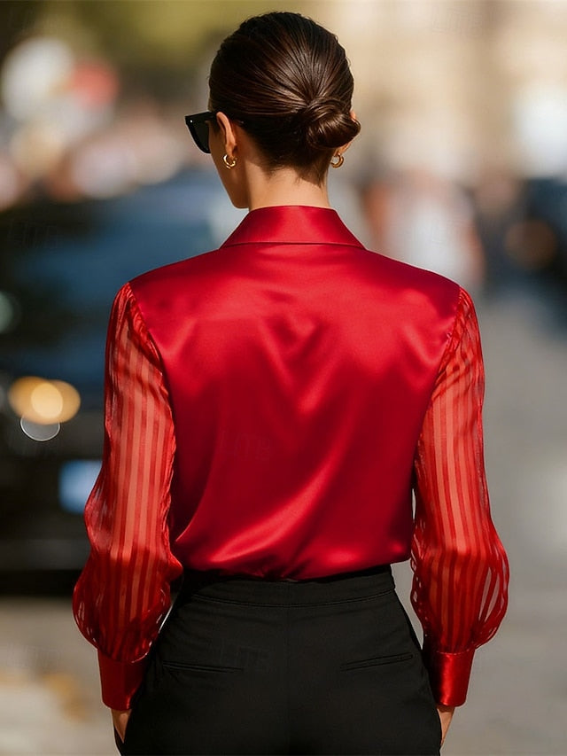 Women's Shirt Elegant Satin Top Blouse Ruched Lace