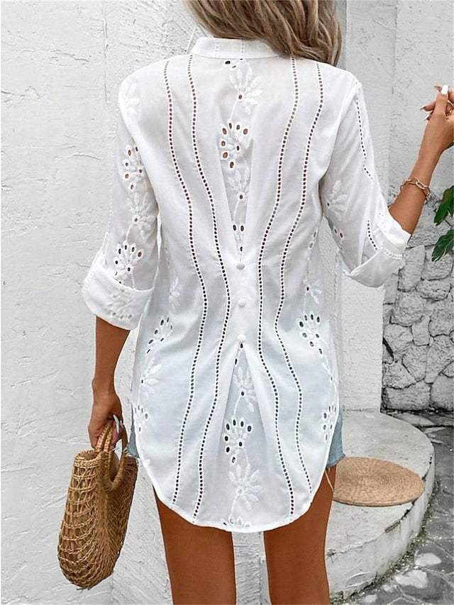 Women's Summer Tops Blouse Eyelet top Ruched Patchwork