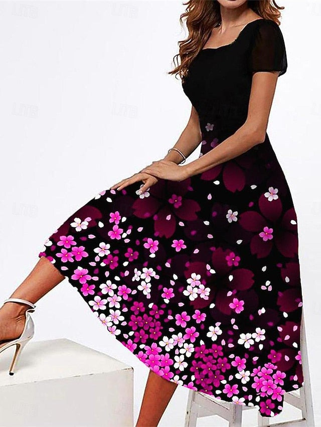 Women's Casual Dress Floral Print Square Neck Midi Dress