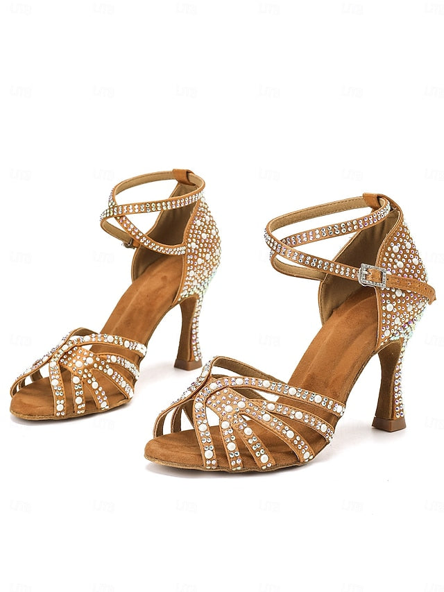 Sandals with Tan Latin Rhinestone-Embellished High Dance Heel