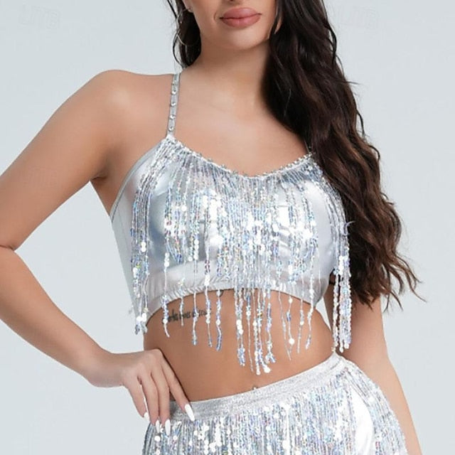 Belly Dance Top Glitter Tassel Pure Color Women's