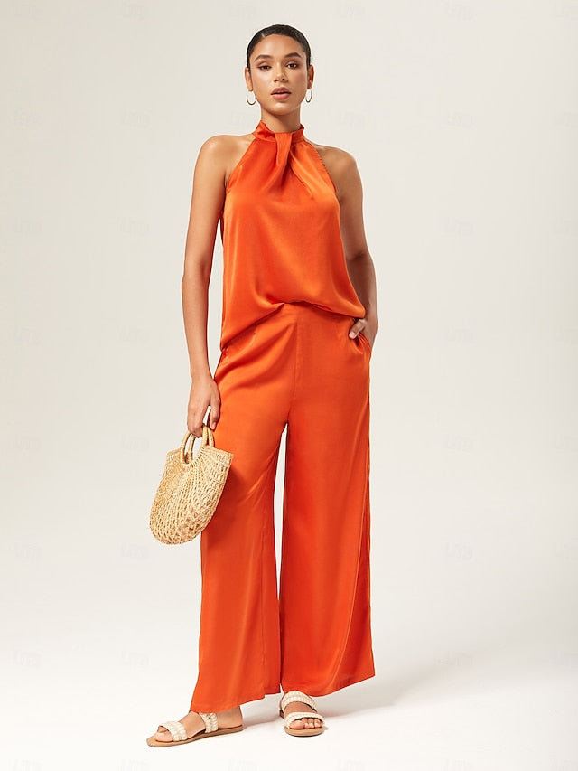 Orange Stand Collar Wide Leg Pants Set