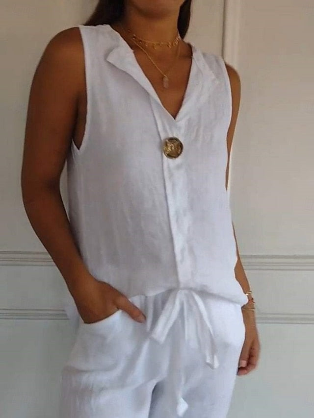 Women's Shirt Blouse Faux Cotton Linen Buttons Plain