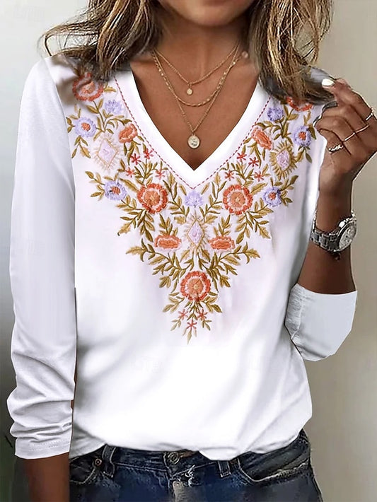 Women's T Shirt Embroidered Print Floral Graphic Plants