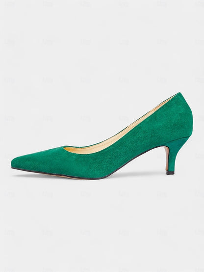 Suede Women's Emerald Pointed-Toe Kitten Pumps with Green