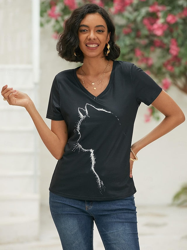 Women's T shirt Tee Black Graphic Cat Print Short Sleeve