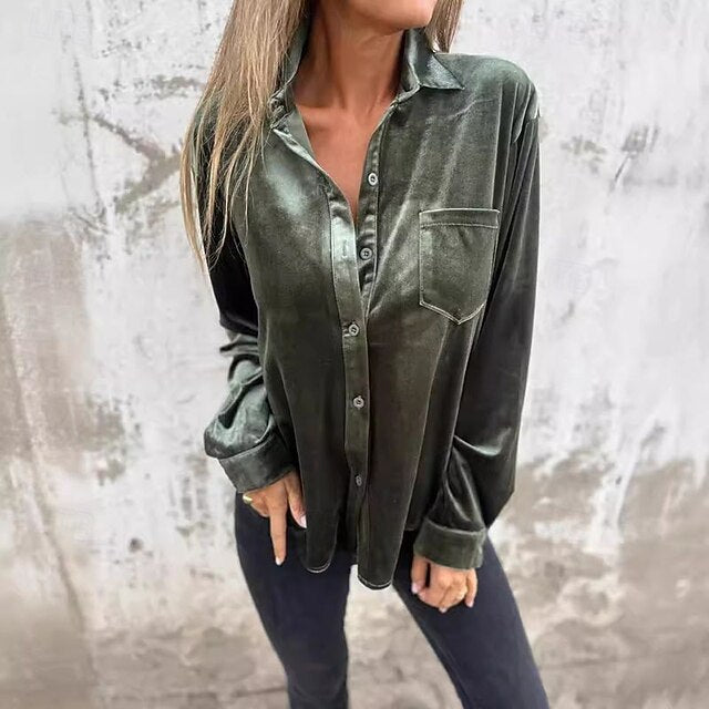 Women's Shirt Velvet Elegant Dressy Pocket Buttons Solid