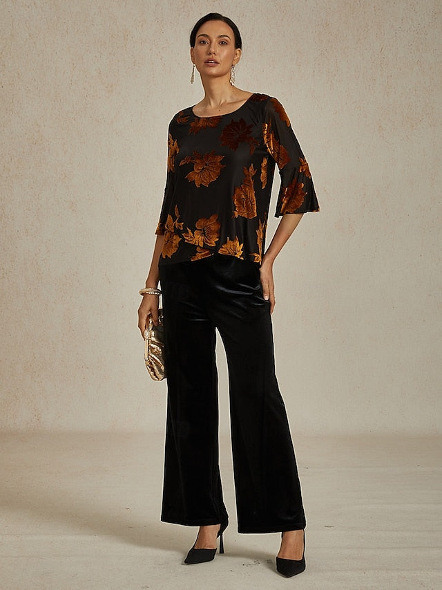 Women's Dressy Tops Floral Elegant Flutter Sleeve Velvet