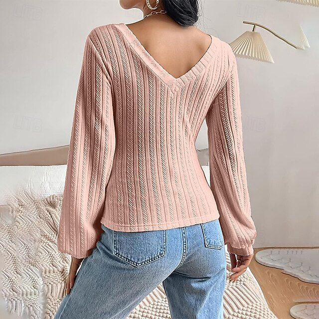Women's Cable Knit T-Shirt Solid Color Cute Stylish Casual