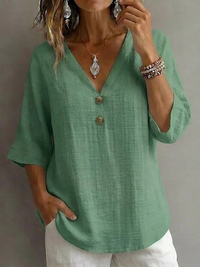 Women's Blouse Faux Linen Shirt Buttons Solid Color Daily