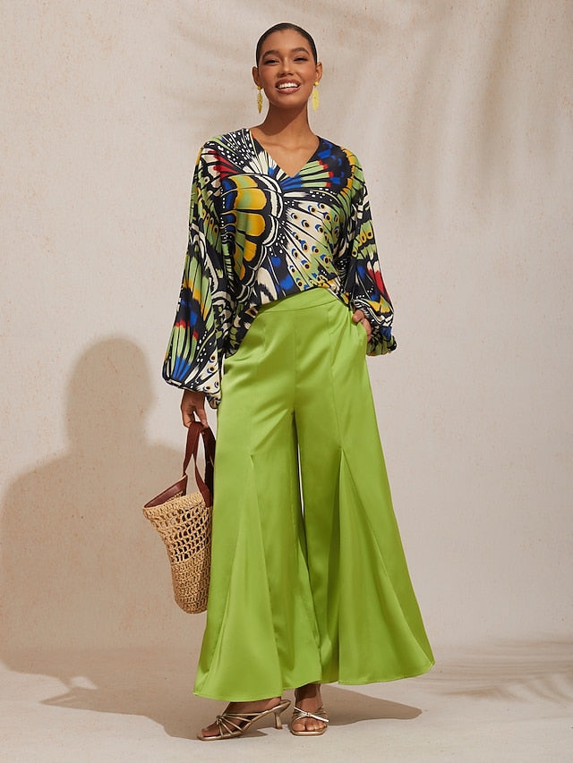 Vacation Butterfly Print Dolman Sleeve Satin Top