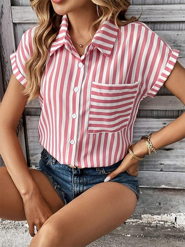 Women's Shirt Blouse Stylish Modern Striped Buttons Print