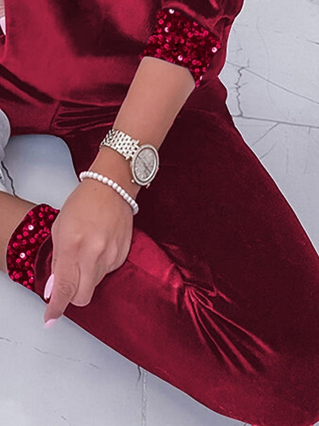 Women's Pants Sets Long Sleeve V Neck Solid Color Sequins
