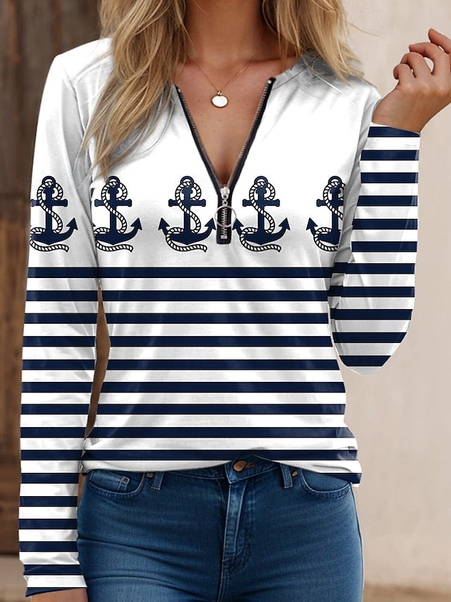 Women's T Shirt Quarter Zip Long Sleeve Casual Floral V
