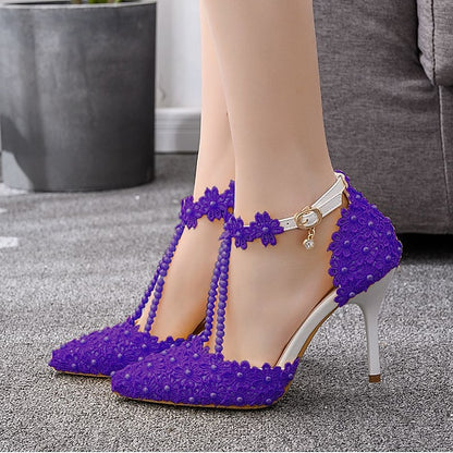 Heel Shoes Women's Wedding High Bridal Lace Pointed
