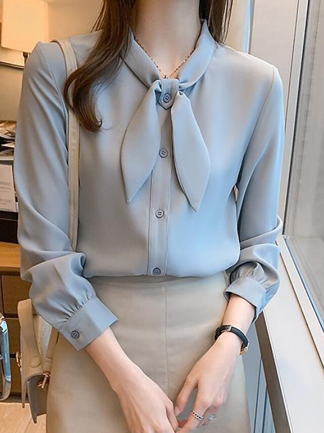 Women's Shirt Elegant Satin Top Blouse Bow Plain Stylish