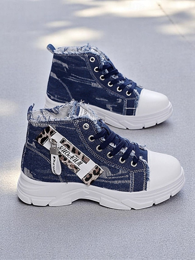 Women's Denim High Top Platform Sneakers with Leopard