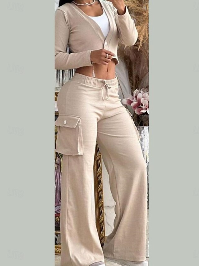 Women's Pants Sets Long Sleeve V Neck Solid Color