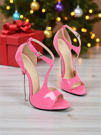 Women's Heels - Leather Strappy Open Red Stiletto Patent