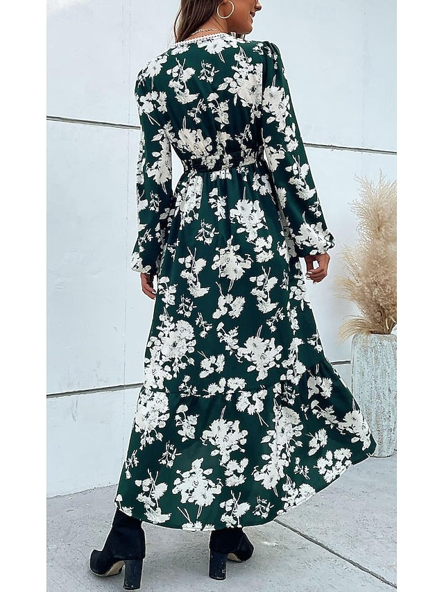 Women's Floral Lace Print V Neck Long Dress Maxi Dress Long
