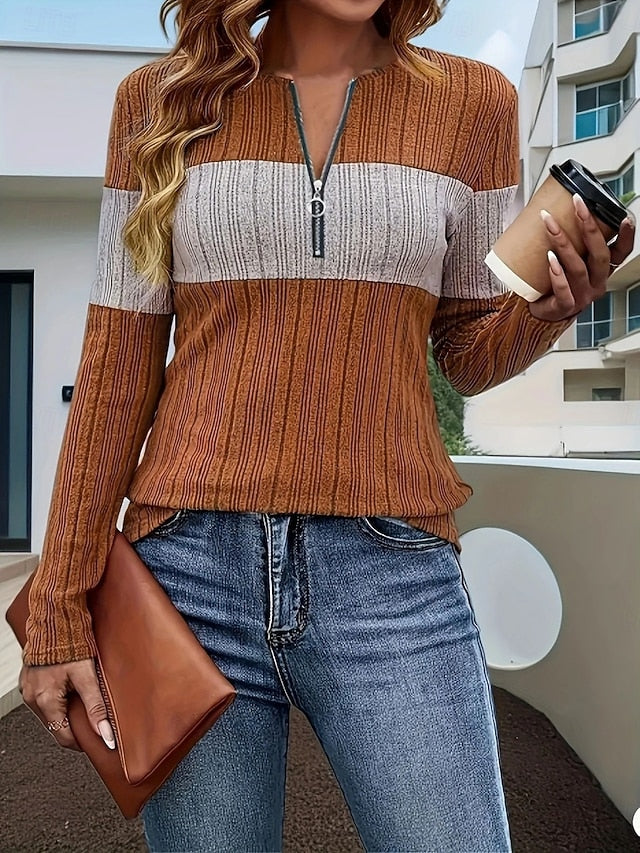 Women's Blouse Patchwork Zipper Solid Color Stylish Casual