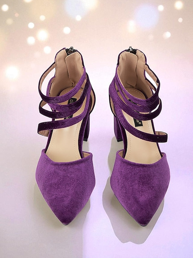 Block Heel with Blue Women's Velvet Pumps Toe Pointed