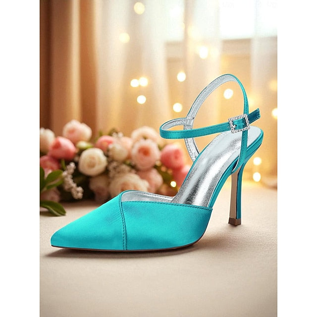 Ankle Heels - Stiletto with Strap Satin Green Women's