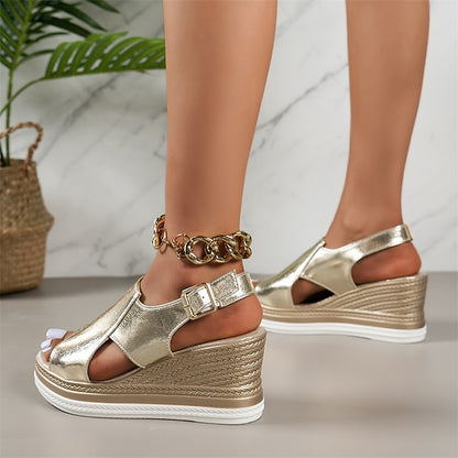 Buckle Wedge Women's Metallic with Sandals Silver Open-Toe