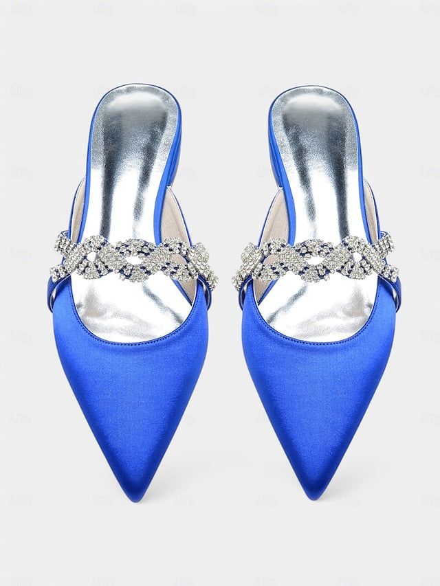 Pointed-Toe - Detailing with Mule Blue Heels Satin Rhinestone