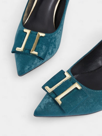 Pointed Teal - Women's Pumps Velvet Elegant Heel Kitten Toe