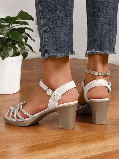 Black Heel with Comfortable Rhinestones Strappy Sandals Block -