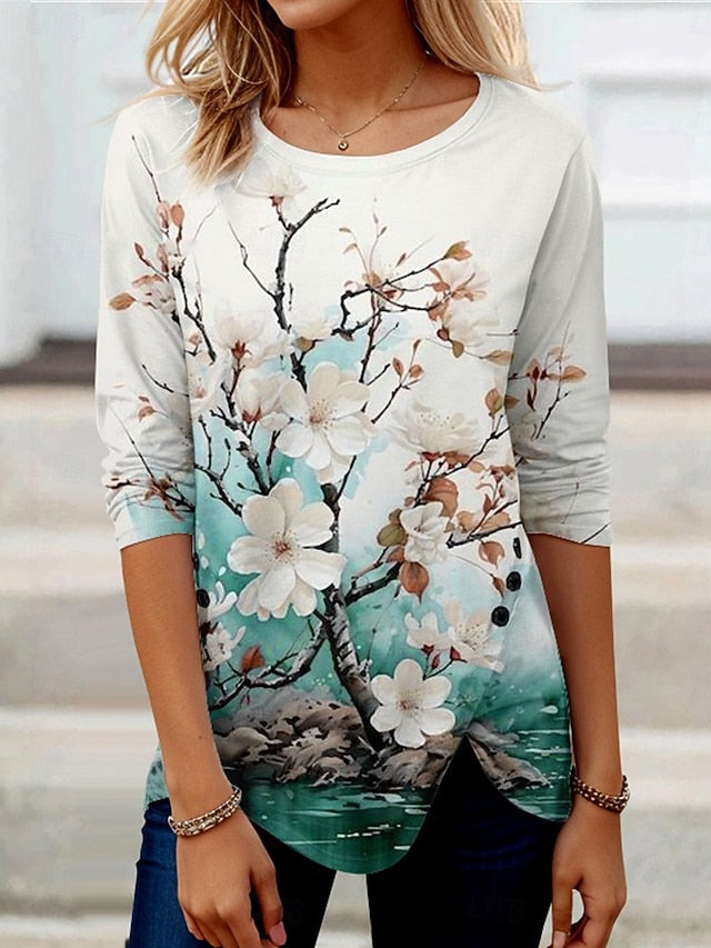 Women's T Shirt Buttons Print Asymmetrical Floral Graphic