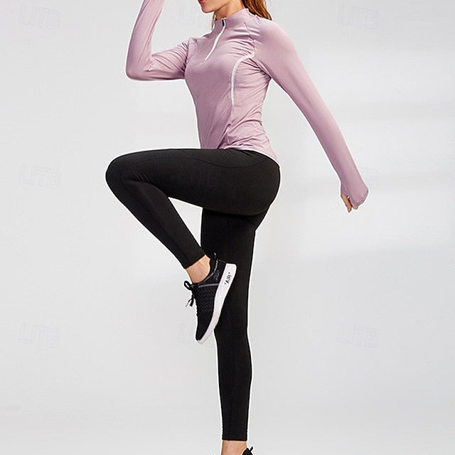Women's Running T-Shirt Zipper Long Sleeve Zip Top Casual