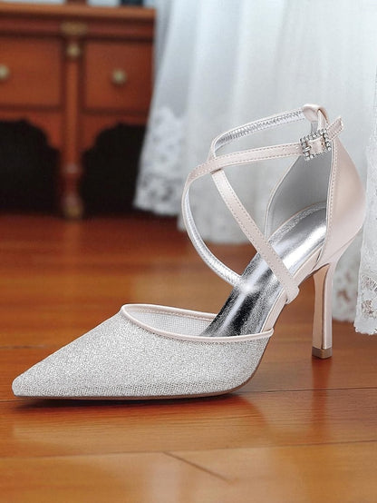 Silver Heels Elegant Ankle Women's Stiletto Glitter Strap -