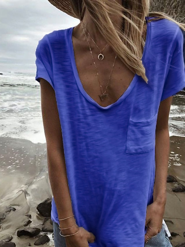 Women's T Shirt Pocket Plain Basic Short Sleeve V Neck