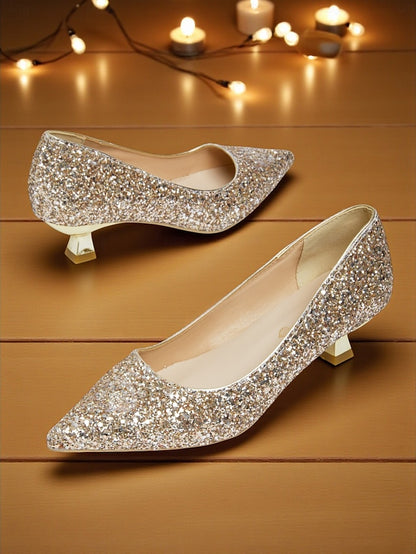 - Toe Heel Pointed Women's Glitter Low Sparkly Pumps