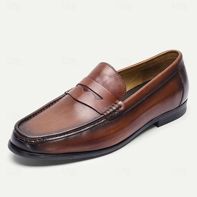 Leather Shoes Brown Penny Slip-On Loafers with Men's
