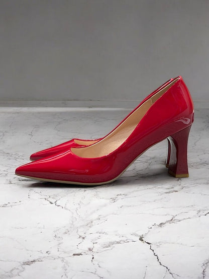 Green Leather Glossy Pumps Patent Heel Faux Block Pointed-Toe