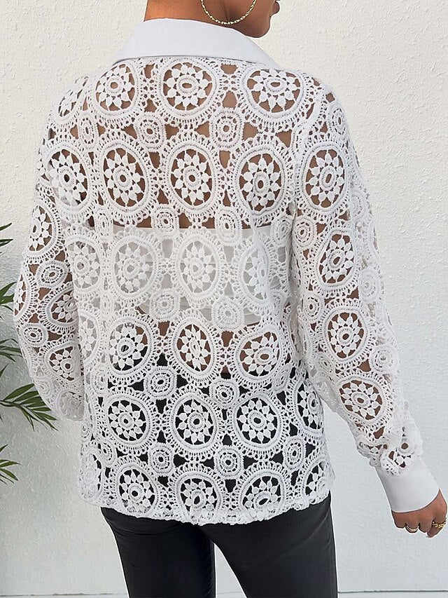 Women's Lace Splicing Top Elegant Long Sleeve V Neck