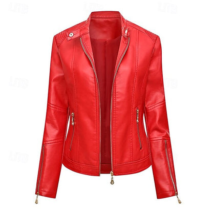 Comfortable Zipper Faux Women's Leather Jacket Pocket