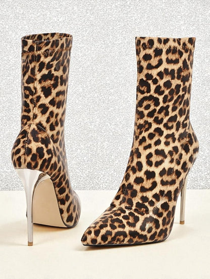 Leopard Boots Stiletto Pointed - Women's Sexy Ankle Print