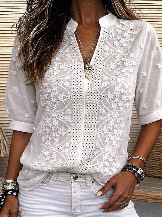 Women's Blouse Lace Eyelet Solid Color Stylish Casual Half