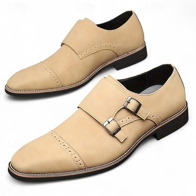 Men's Shoes Strap Double Leather Faux Monk Beige with