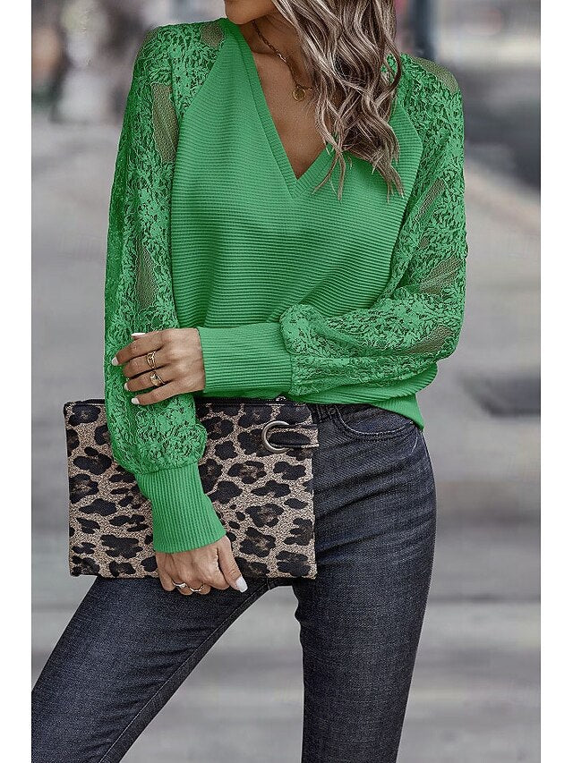 Women's Top Lace Knit Ribbed Embroidered Tops Splicing
