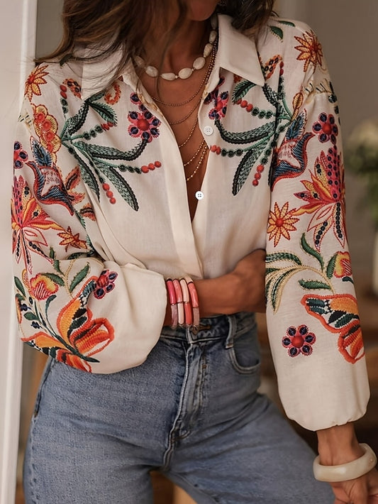 Women's Blouse Buttons Print Floral Stylish Casual Long