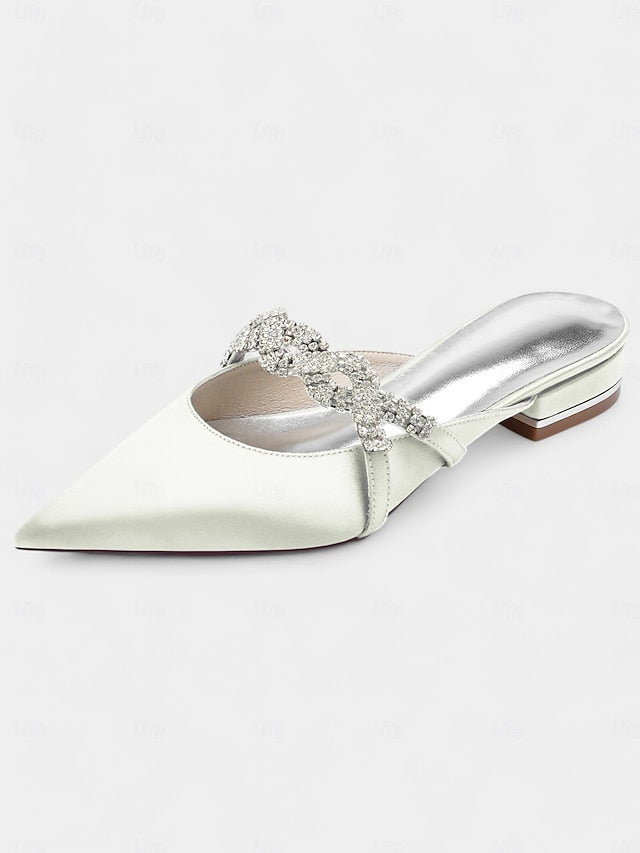 Pointed-Toe - Detailing with Mule Blue Heels Satin Rhinestone