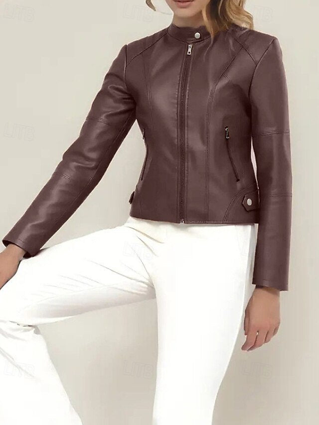 Comfortable Jacket Faux Pocket Zipper Women's Leather