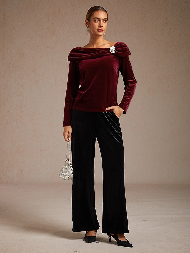 Christmas Women's Dressy Tops Velvet Elegant Long Sleeve